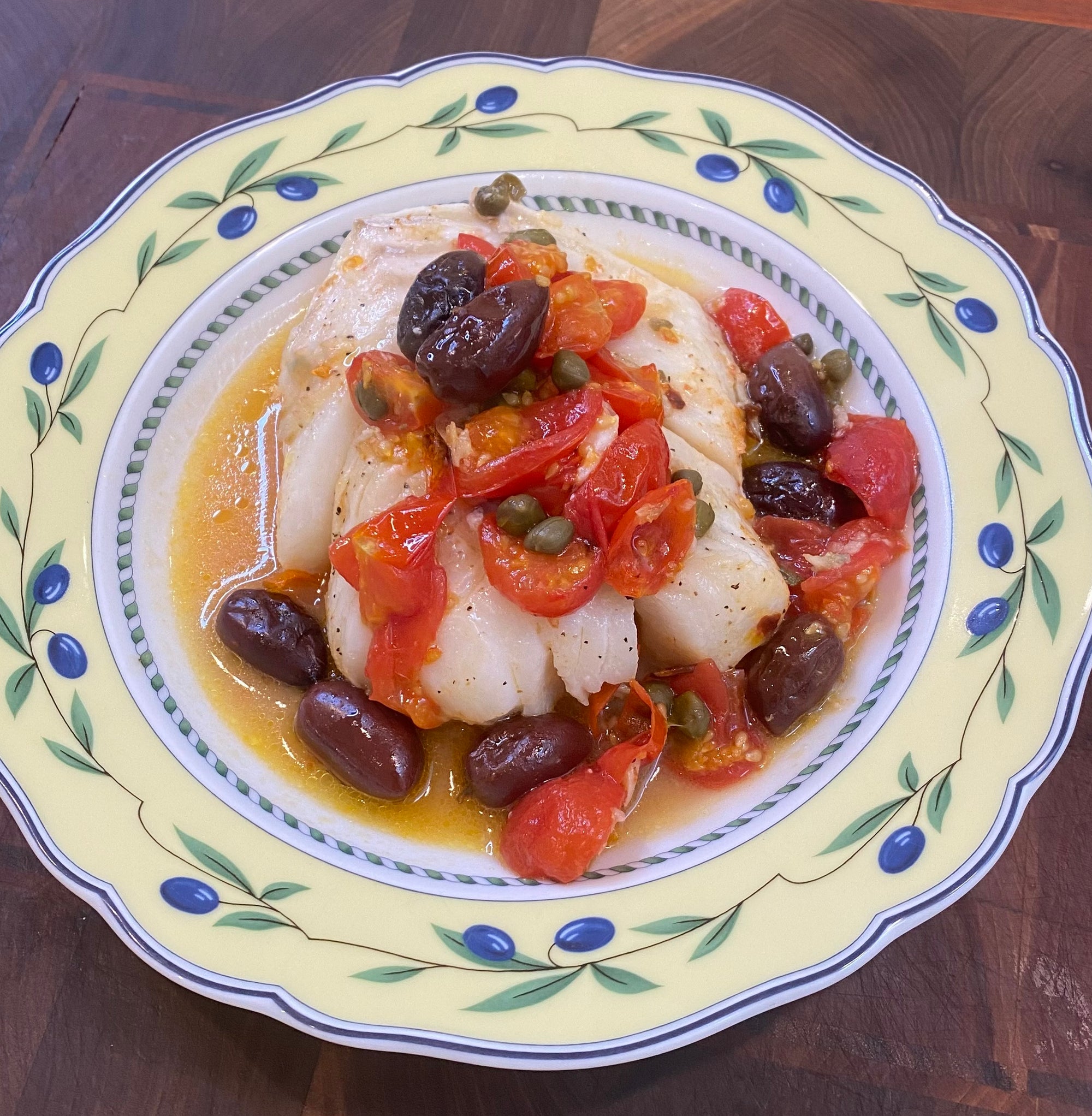 Baked Cod with Tomatoes, Capers, Olives and White Wine