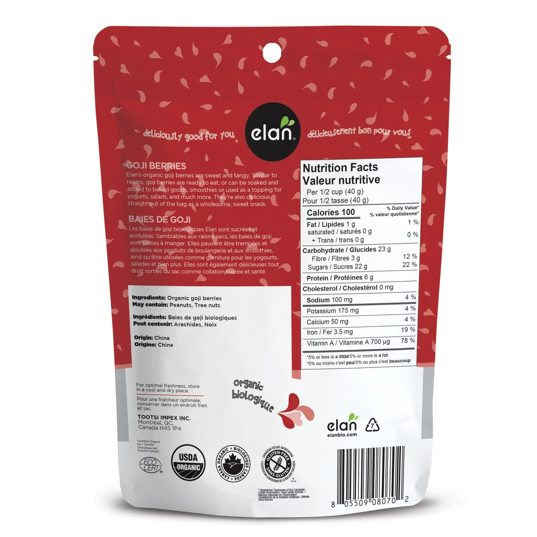 Organic Goji Berries by Elan,140 g