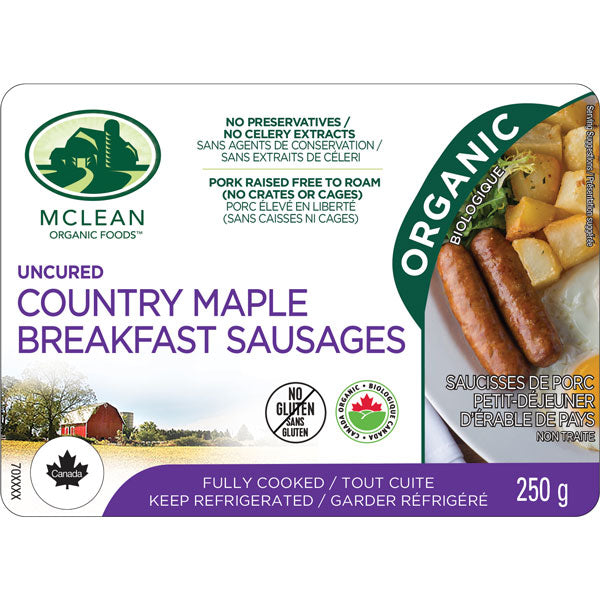 Organic Maple Pork Breakfast Sausages by Mclean Organic Foods, 250g