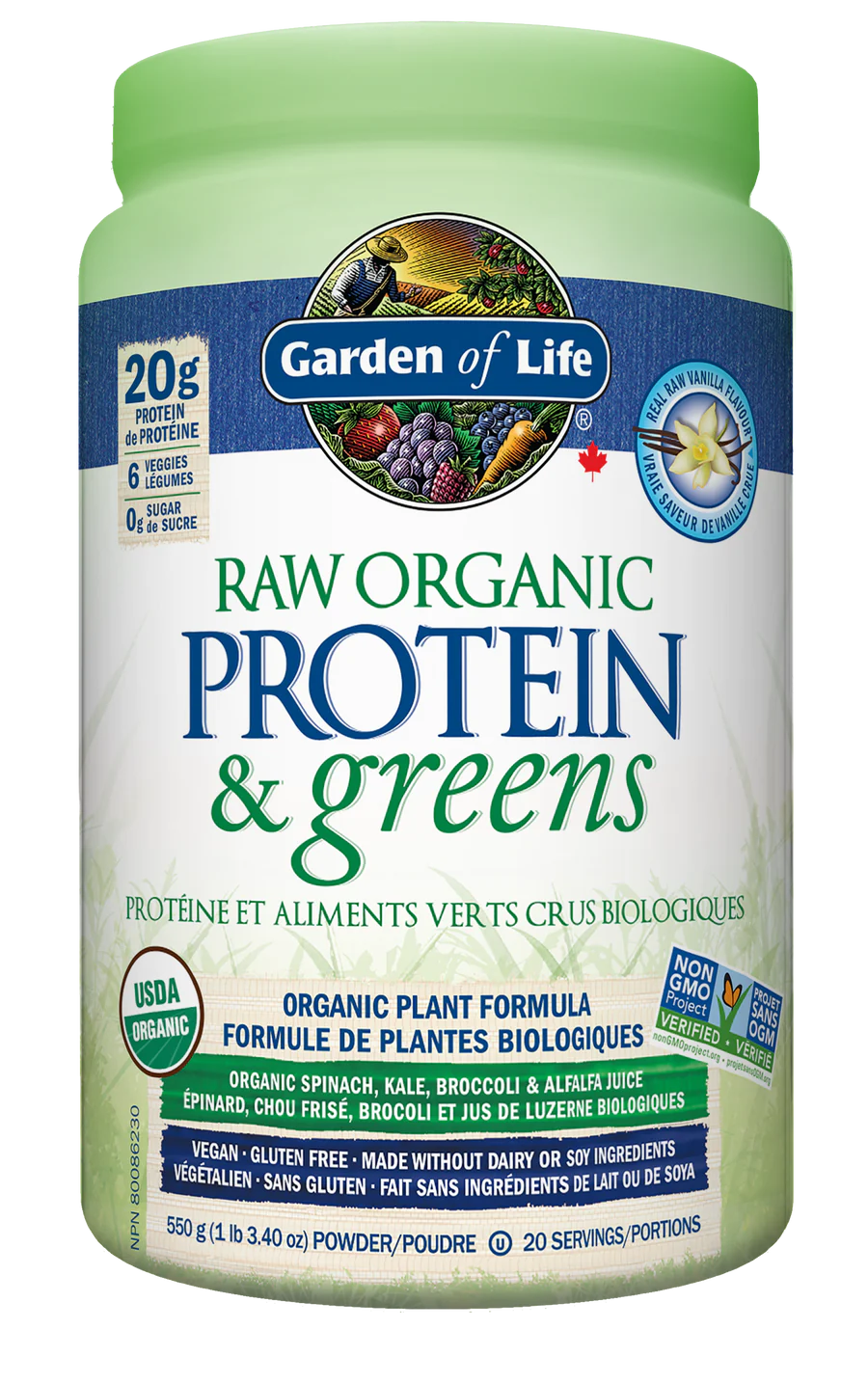 Garden of life protéines et aliments verts crus bio vanille 550g