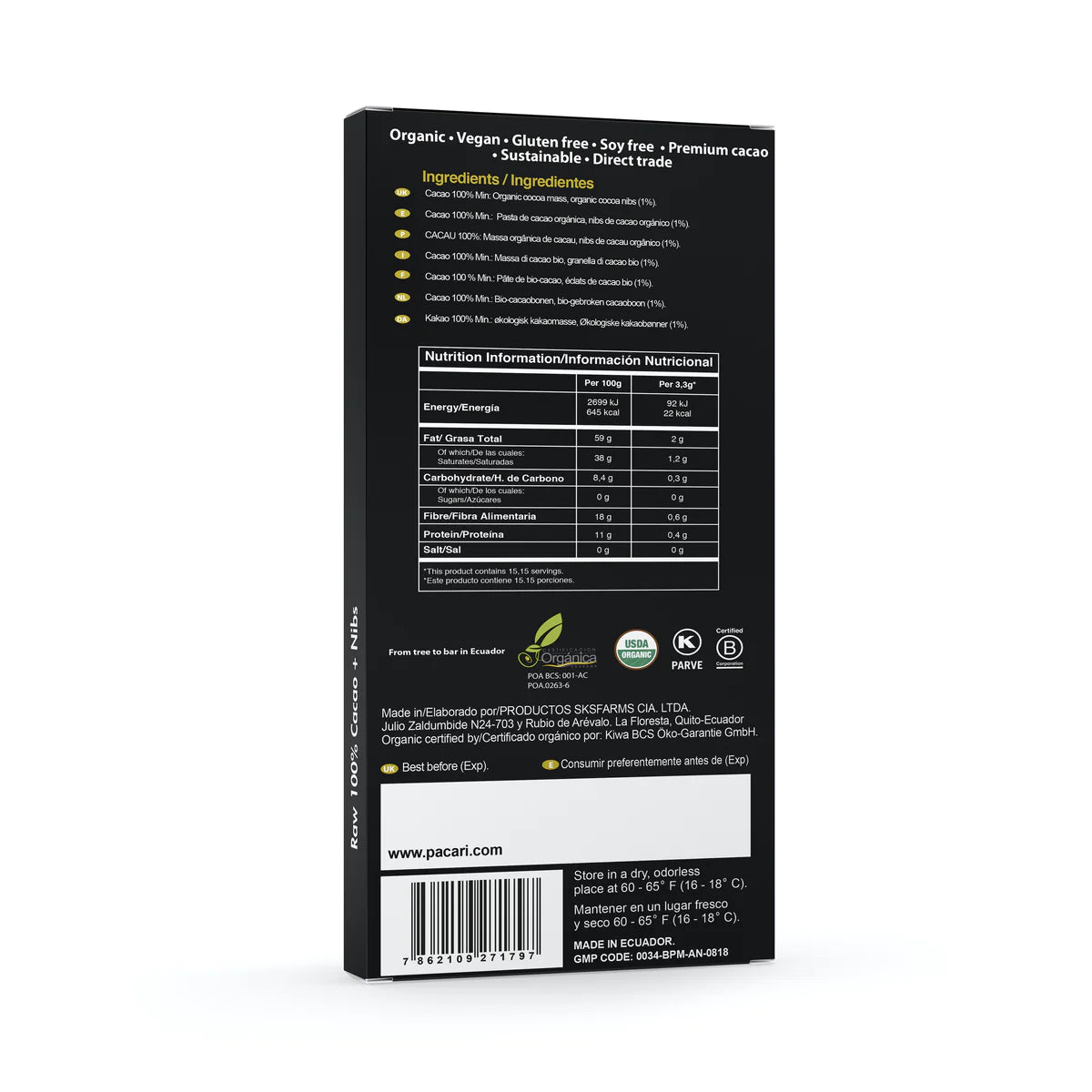 Pacari Chocolat 100% cacao + 1% éclats 50 g