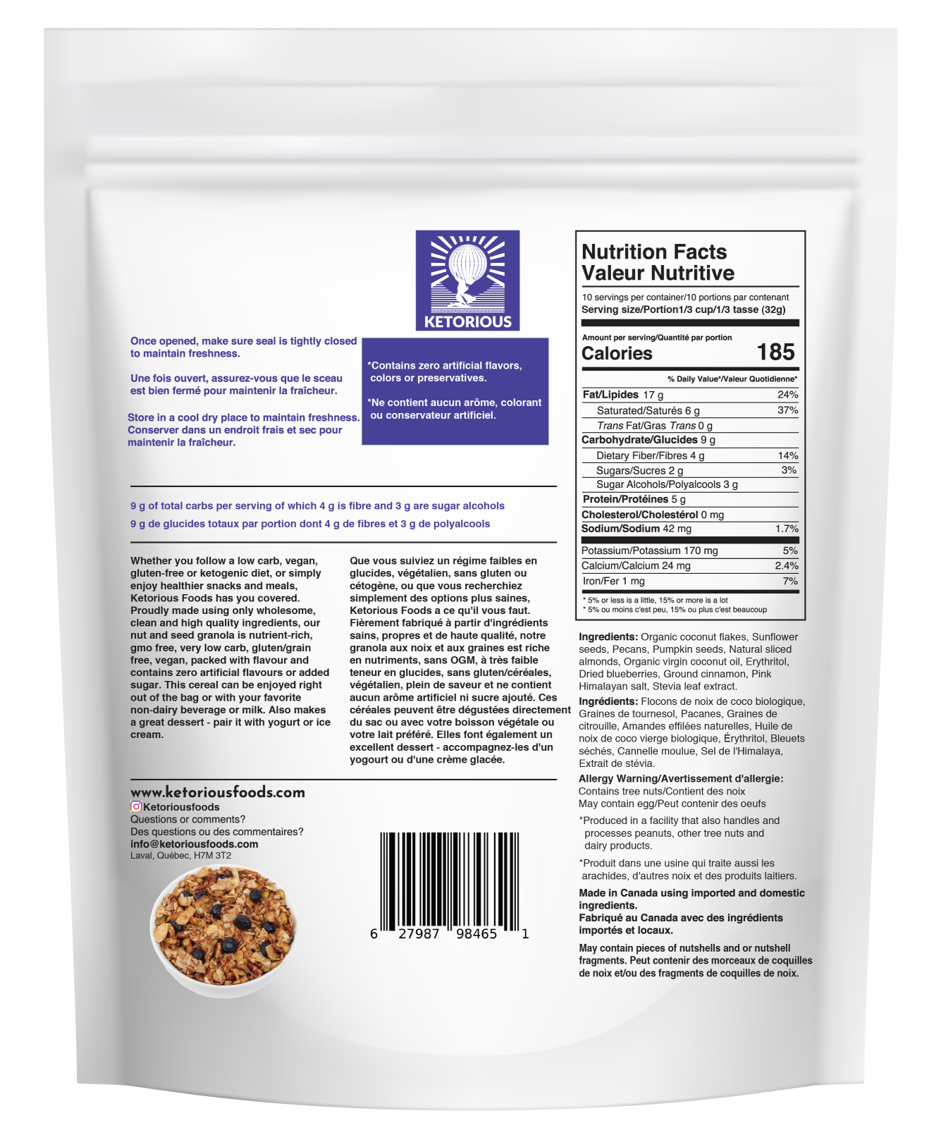 Blueberry &amp; Cinnamon Nut and Seed Granola by Ketorious, 320g