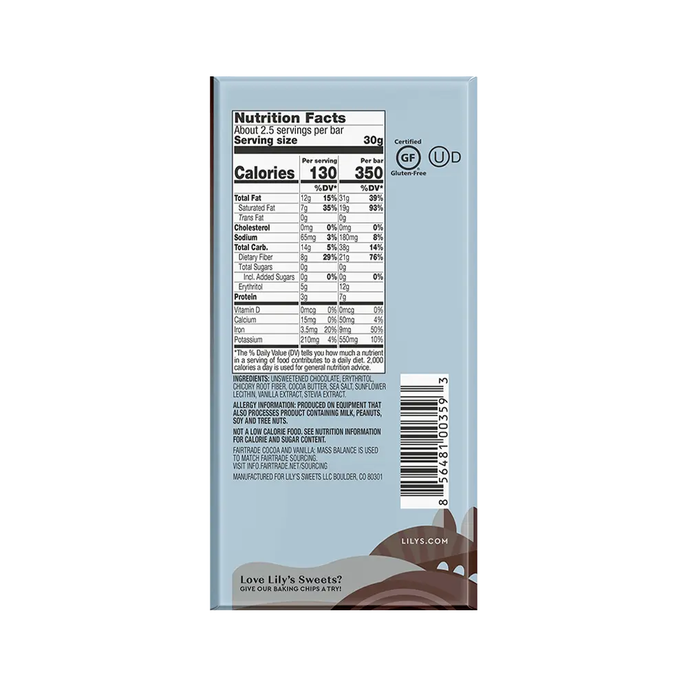 Sea Salt Sugar Free Extra Dark Chocolate Style Bar 70% by Lily&#39;s, 80 g