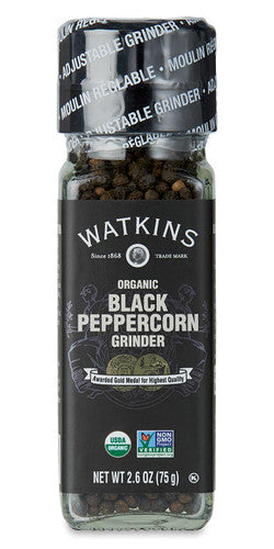 Organic Black Peppercorn Grinder by Watkins, 75g