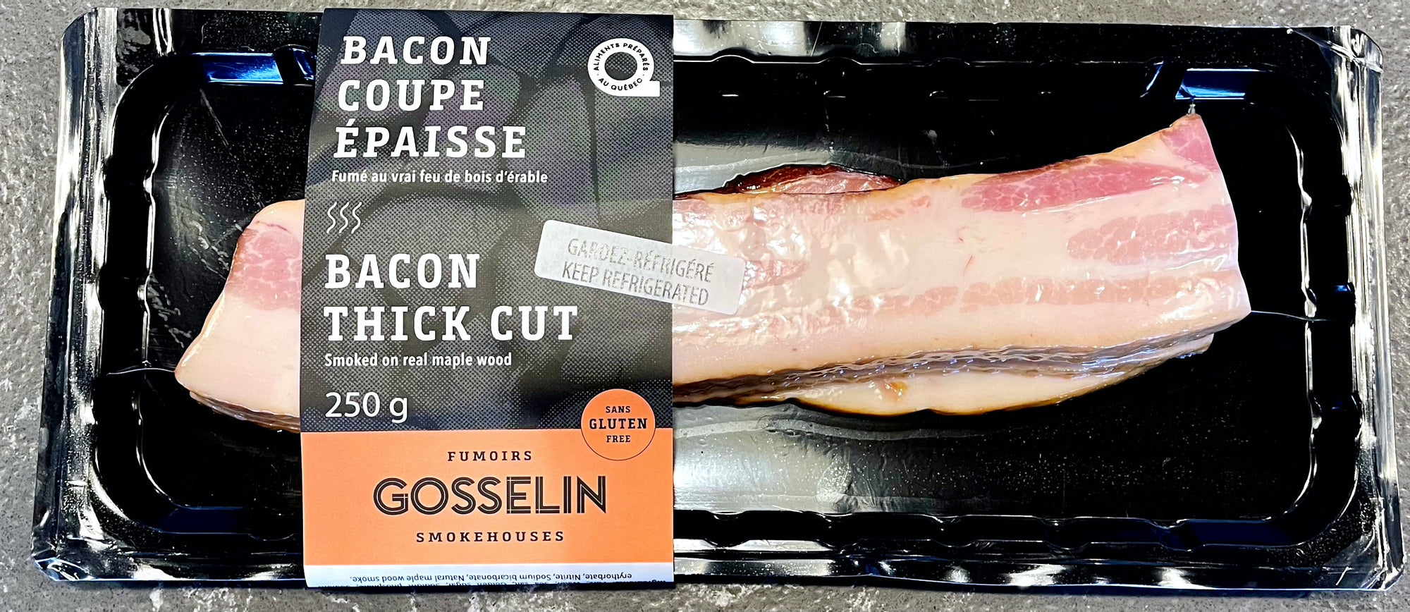 Bacon coupé épais fumé sur du vrai bois d'érable par Fumoirs Gosselin 250g (congelé)