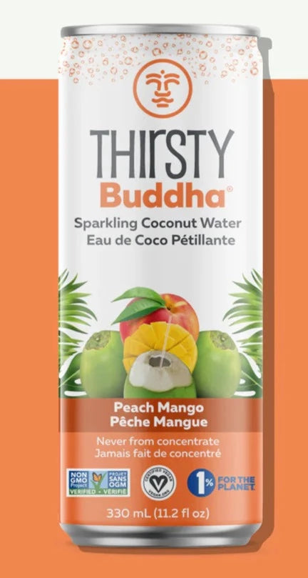 Eau de coco pétillante à la pêche et à la mangue par Thirsty Buddha, 330 ml