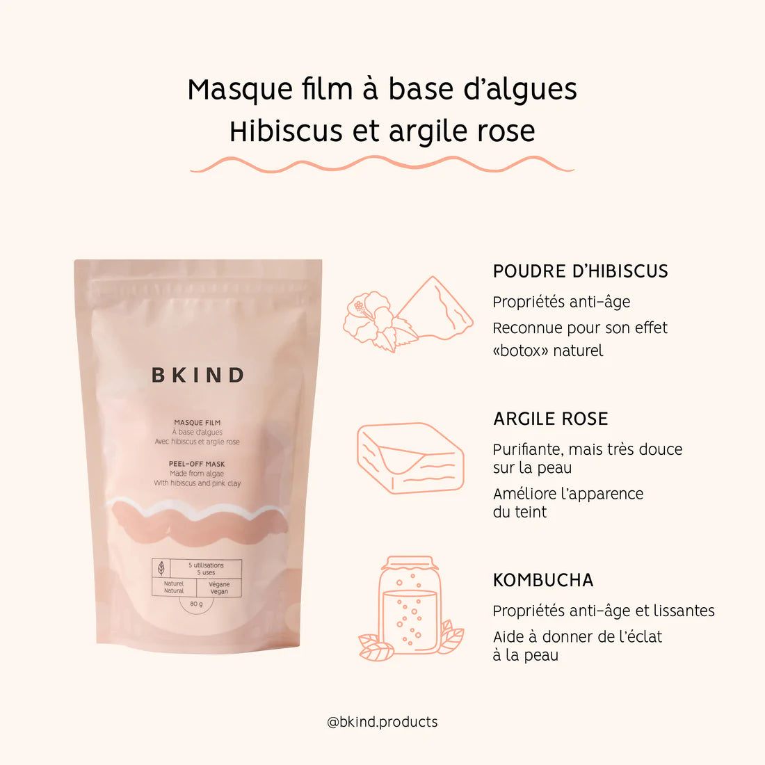 Masque Peel-off aux Algues - Hibiscus et Argile Rose par BKIND, 80g