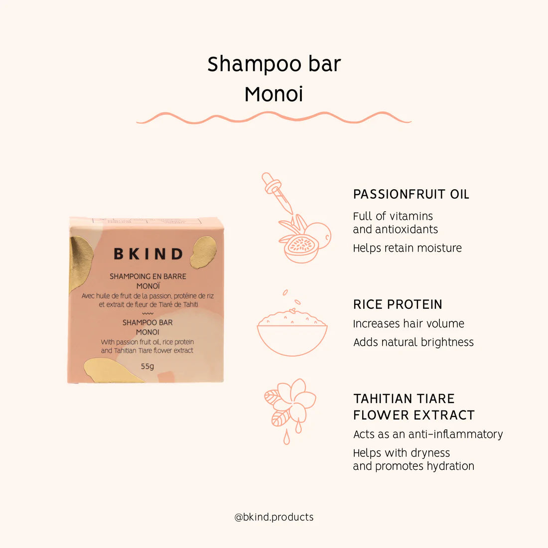 Barre de shampoing au monoï de BKIND, 55 g