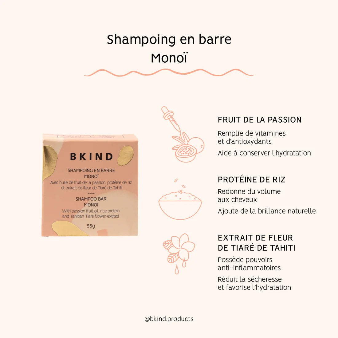 Barre de shampoing au monoï de BKIND, 55 g