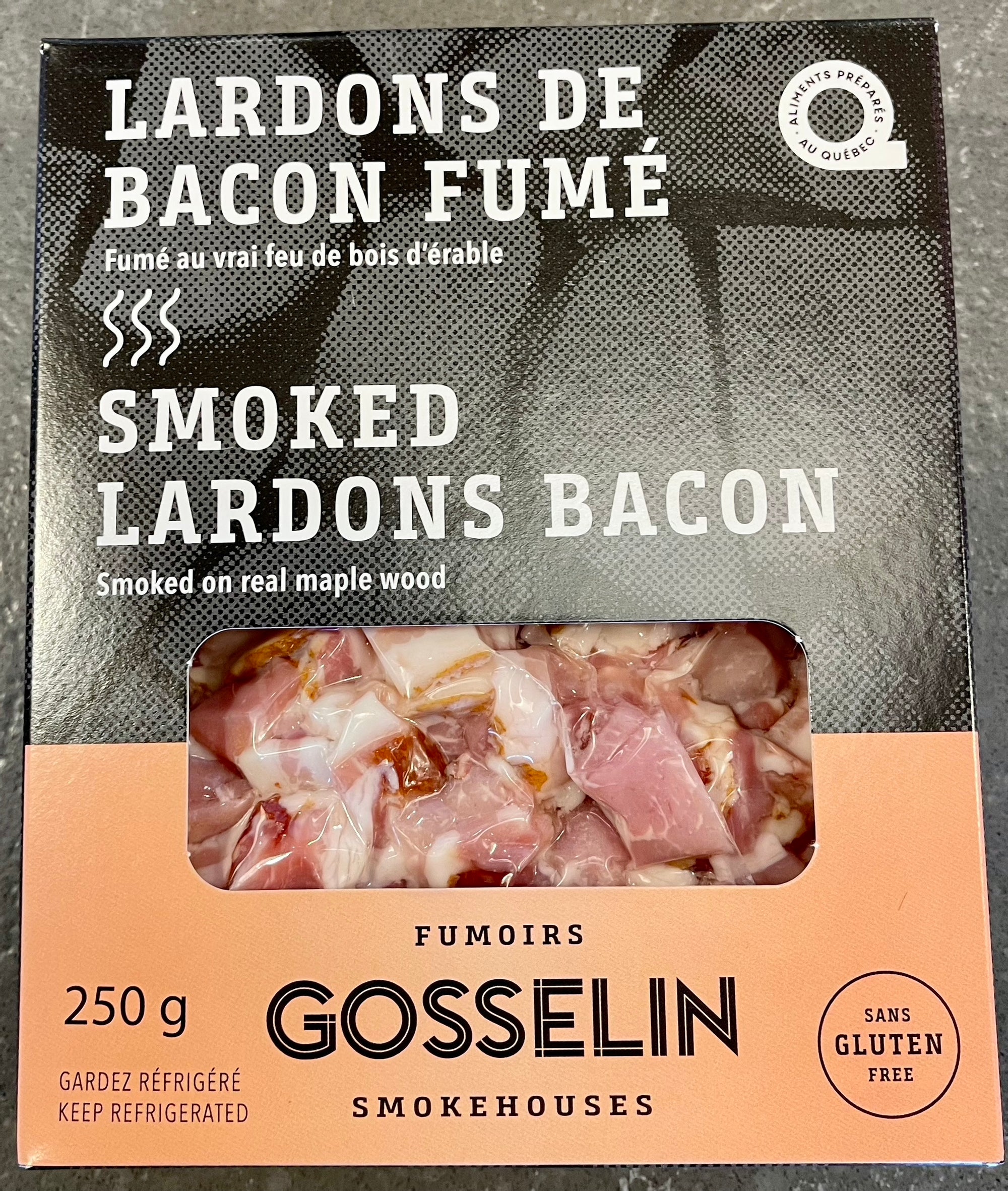 Landrons Bacon Fumé sur Vrai Bois d'Érable par Fumoirs Gosselin 250g (Surgelé)