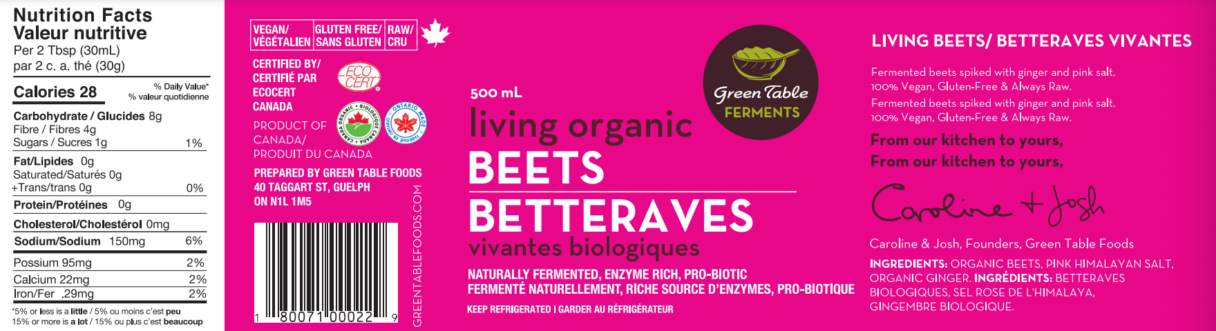 Betteraves vivantes biologiques de Green Table Foods 500 ml 