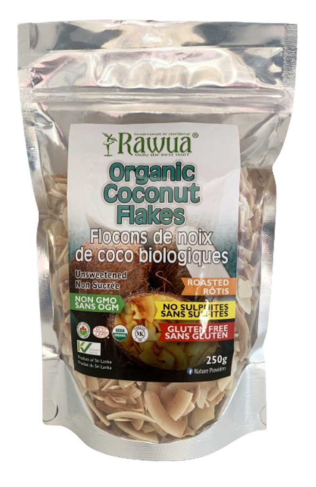 Flocons de noix de coco bio rôtis par Rawua, 250 g