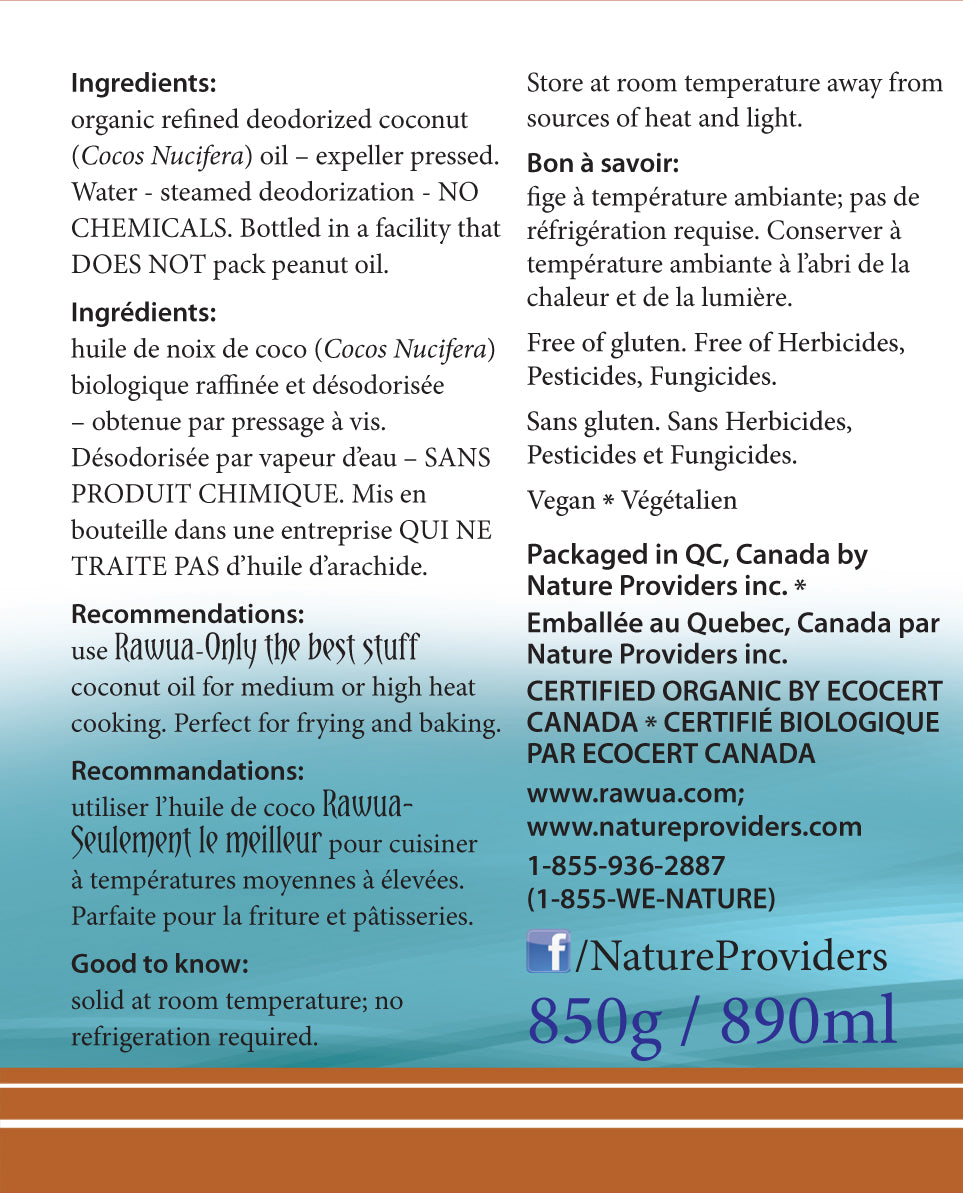 Huile de noix de coco biologique, raffinée par Rawua, 850g